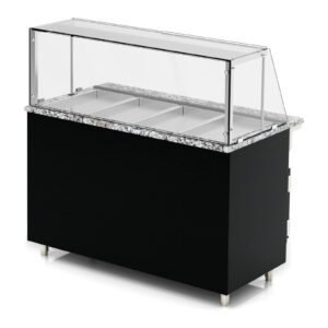 Refrigerated salad bar counter with glass canopy and tray rail